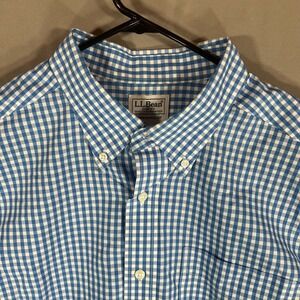 LL Bean Short Sleeve Button Down Shirt Men Large Blue Check 100% Cotton